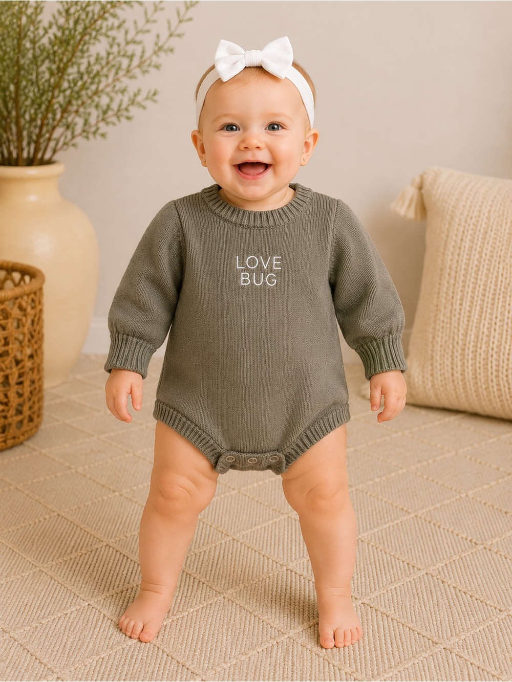 Caden Lane Love Bug Knit Romper Sage Green Long Sleeve Baby Bodysuit | Size 0–3M